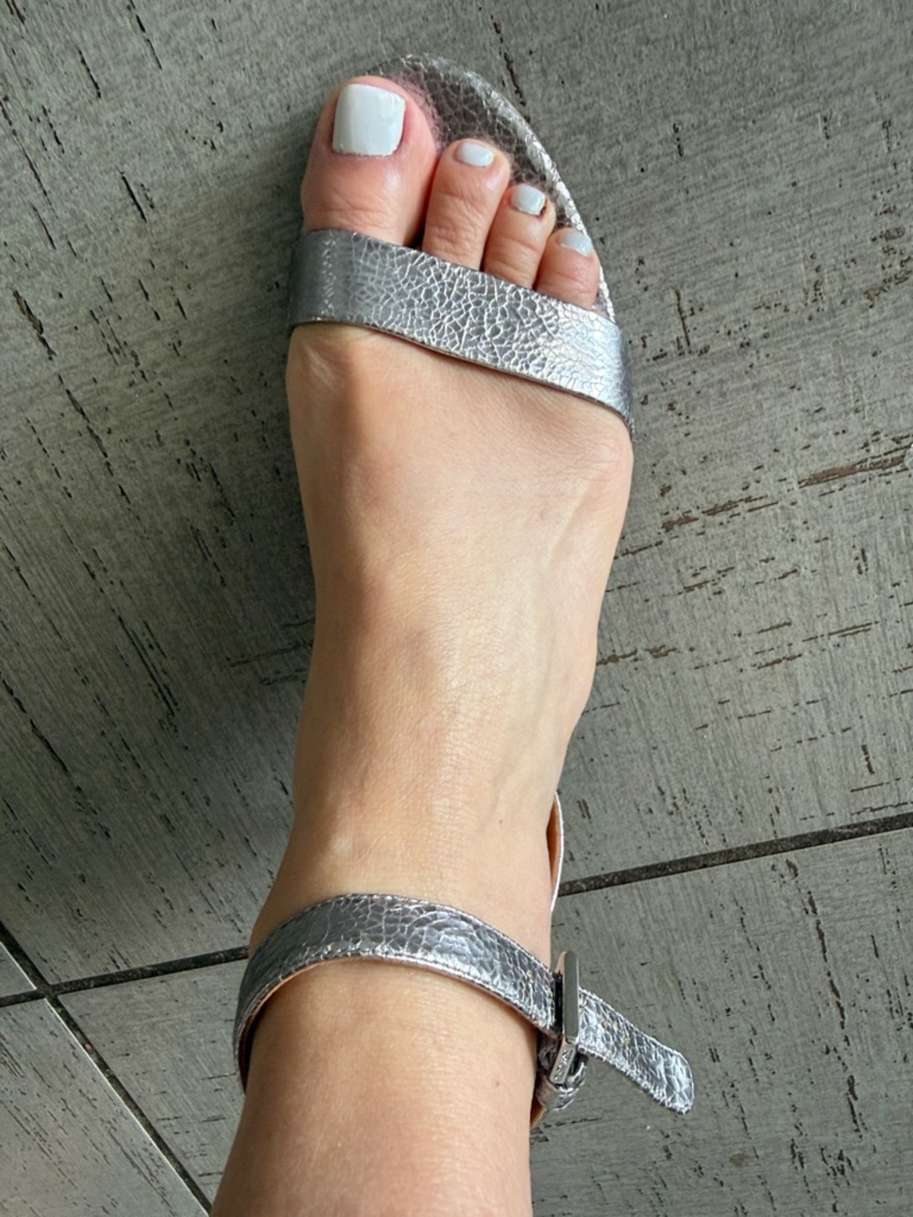 Authentic Tory Burch Metallic Silver Textured Ankle-Strap Sandals